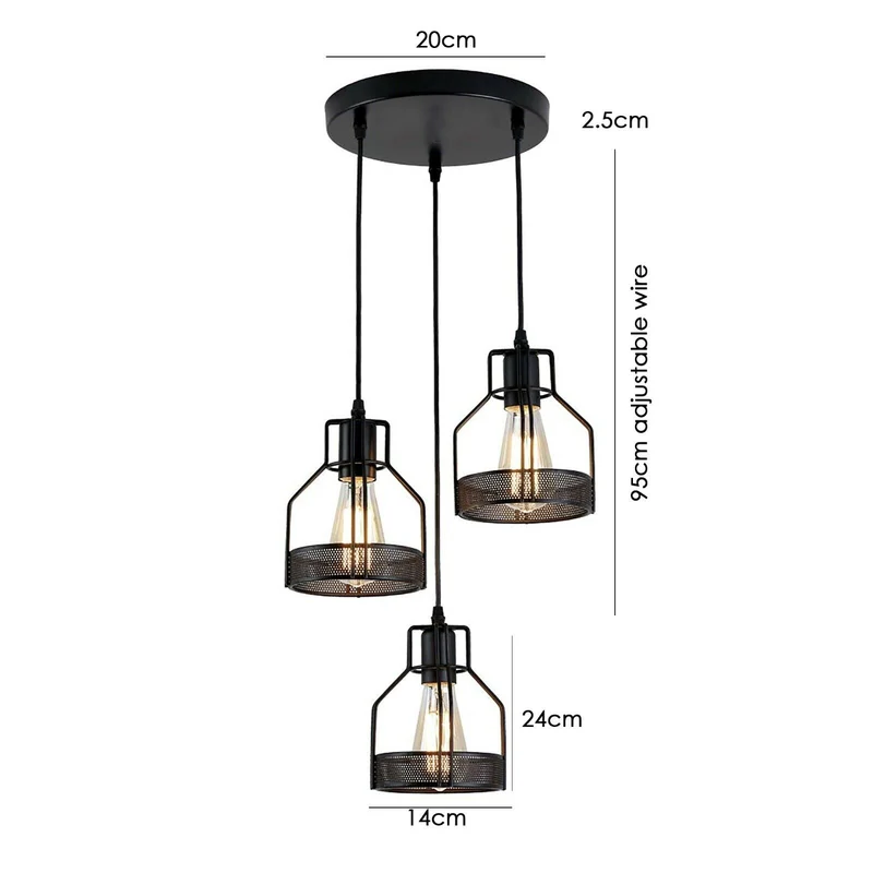 Schwarz pendelleuchte 3-flammig - Vintage E27 LED~3060