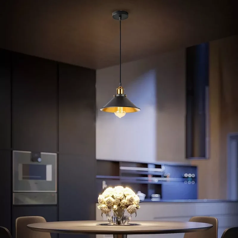 Moderne Pendelleuchte Schwarz-Gold – E27 Hängelampe mit Metallschirm, 95 cm Kabel~3055
