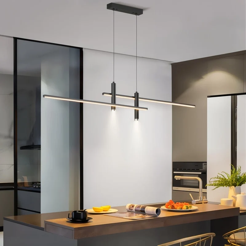 Lineaire LED Hanglamp Dimbaar met Verstelbare Kabel voor Eettafel Keukeneiland Moderne Verlichting Zwart | Sansoti
