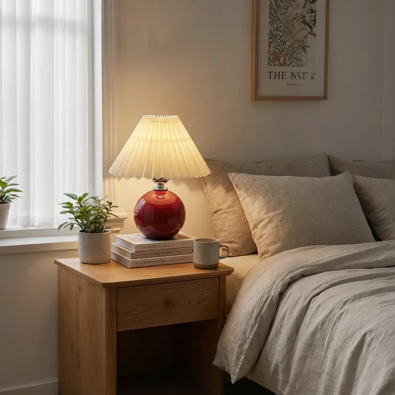 Keramische Tafellamp met Textielen Kap Retro Waaiermodel Bedlampje Nachtkastje Sfeerverlichting Scandinavisch | Sansoti