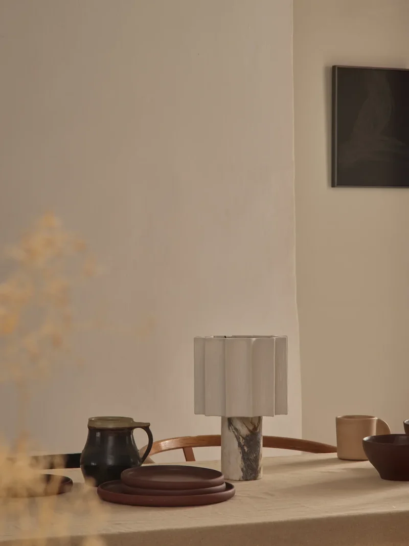 Oplaadbare Tafellamp Marmer met Linnen Kap Dimbaar Snoerloos LED Lamp Sfeerlicht Mobiel voor Woonkamer | Sansoti
