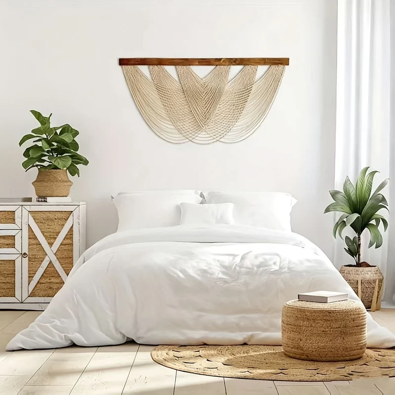 Gemacramed Wandpaneel Boho Katoen 100x60 cm Minimalistische Wandversiering Natuurlijk Textiel Woonkamer | Sansoti