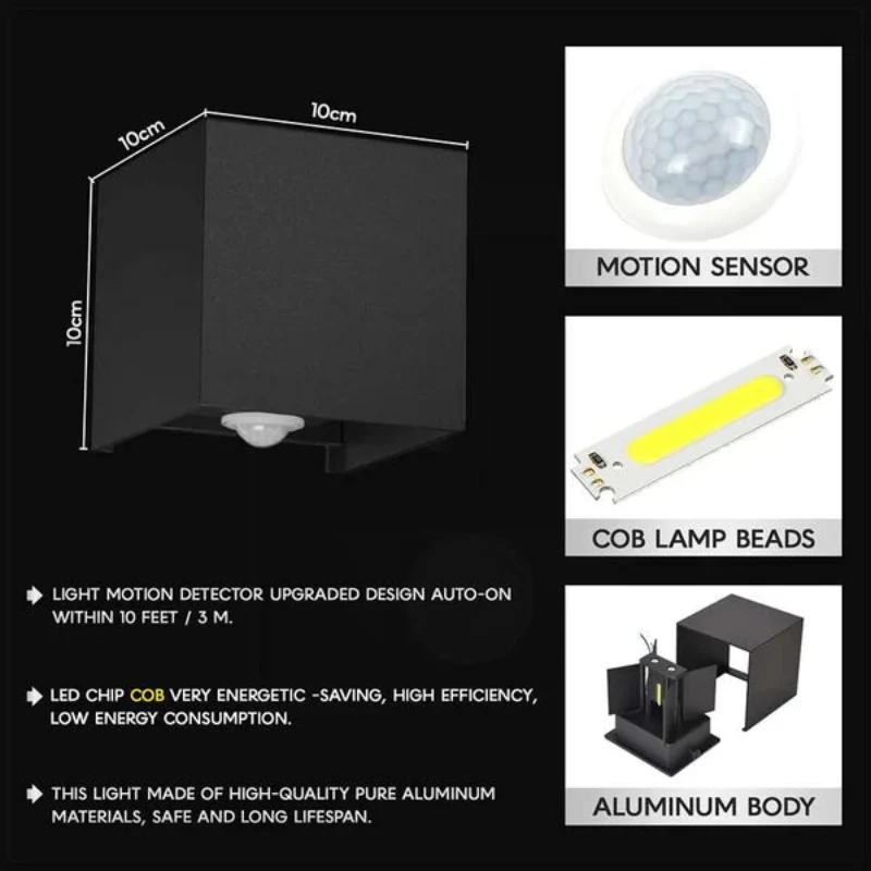 LED Wandleuchte mit Bewegungsmelder 10cm Alu Cube Außen 10W~2569
