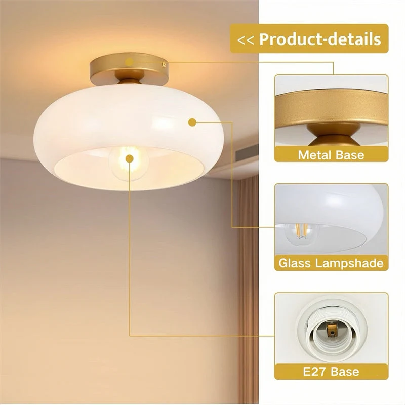 Plafondlamp Glas Messing Vintage Retro Stijl E27 28cm Hal Keuken Slaapkamer Badkamer Handgeblazen Woonkamer | Sansoti