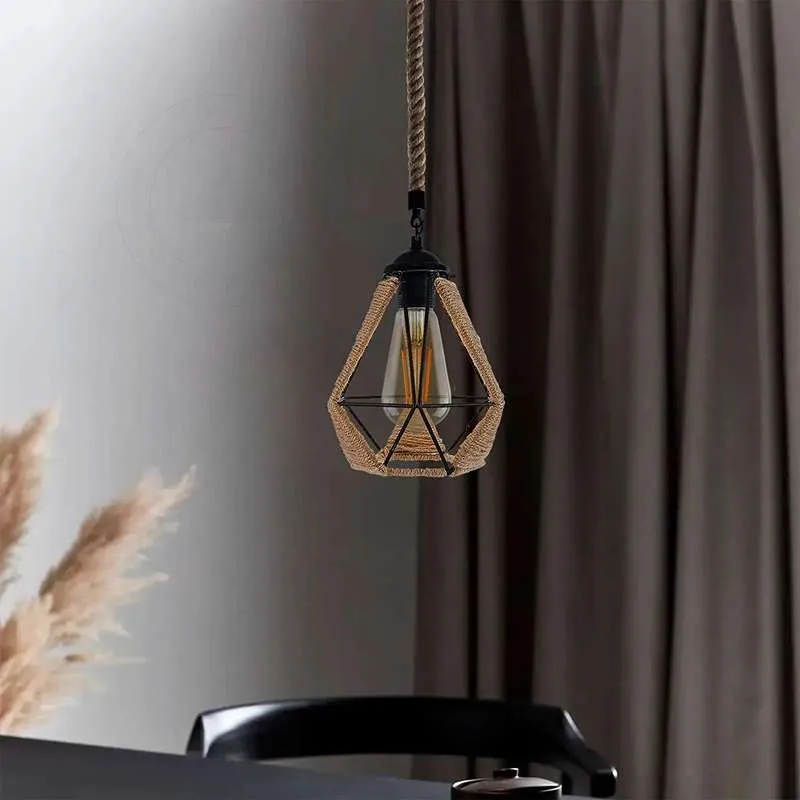 Industrielle Vintage-Pendelleuchte Hanfseil & Metallkäfig~2633