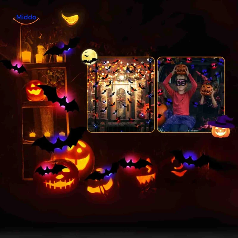 3D LED Muurdecoratie Halloween Vleermuizen Spinnen Spoken Lichtgevend Wanddecor Griezel Feestversiering Kindvriendelijk | Sansoti