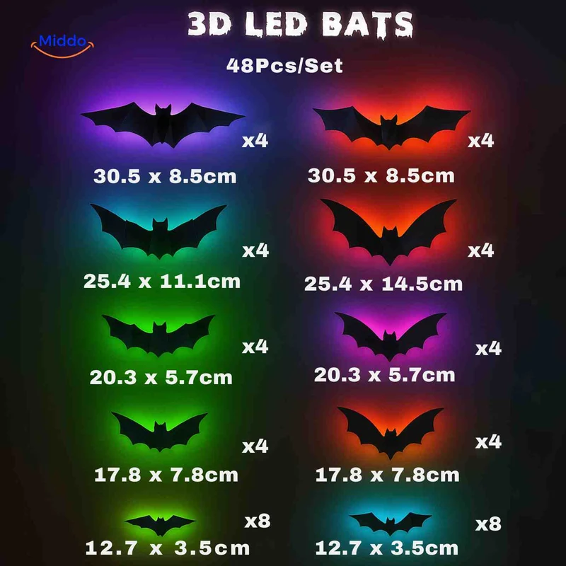3D LED Muurdecoratie Halloween Vleermuizen Spinnen Spoken Lichtgevend Wanddecor Griezel Feestversiering Kindvriendelijk | Sansoti