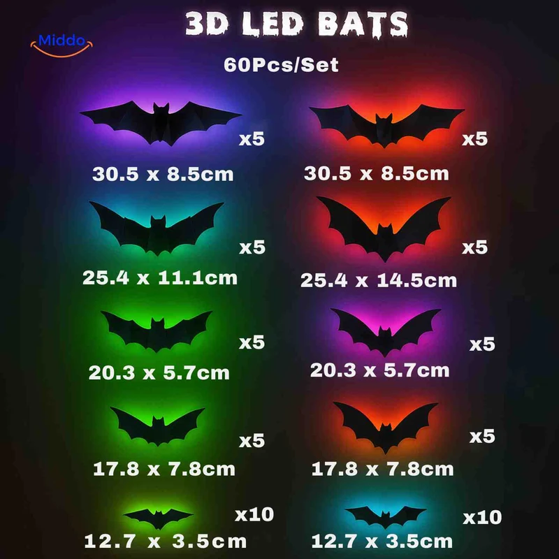 3D LED Muurdecoratie Halloween Vleermuizen Spinnen Spoken Lichtgevend Wanddecor Griezel Feestversiering Kindvriendelijk | Sansoti