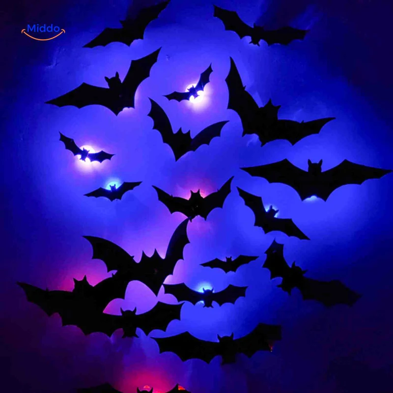 3D LED Muurdecoratie Halloween Vleermuizen Spinnen Spoken Lichtgevend Wanddecor Griezel Feestversiering Kindvriendelijk | Sansoti