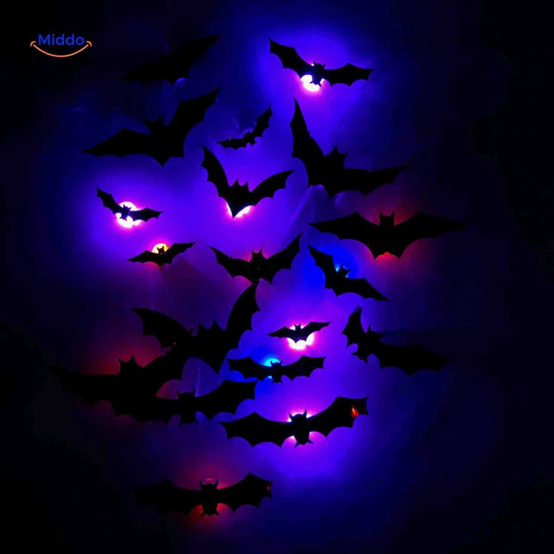 3D LED Muurdecoratie Halloween Vleermuizen Spinnen Spoken Lichtgevend Wanddecor Griezel Feestversiering Kindvriendelijk | Sansoti
