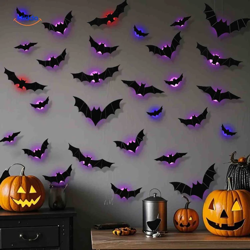 3D LED Muurdecoratie Halloween Vleermuizen Spinnen Spoken Lichtgevend Wanddecor Griezel Feestversiering Kindvriendelijk | Sansoti