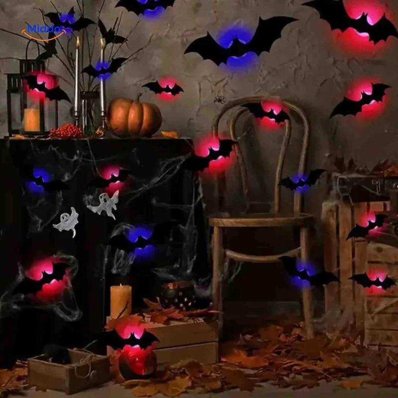 3D LED Muurdecoratie Halloween Vleermuizen Spinnen Spoken Lichtgevend Wanddecor Griezel Feestversiering Kindvriendelijk | Sansoti