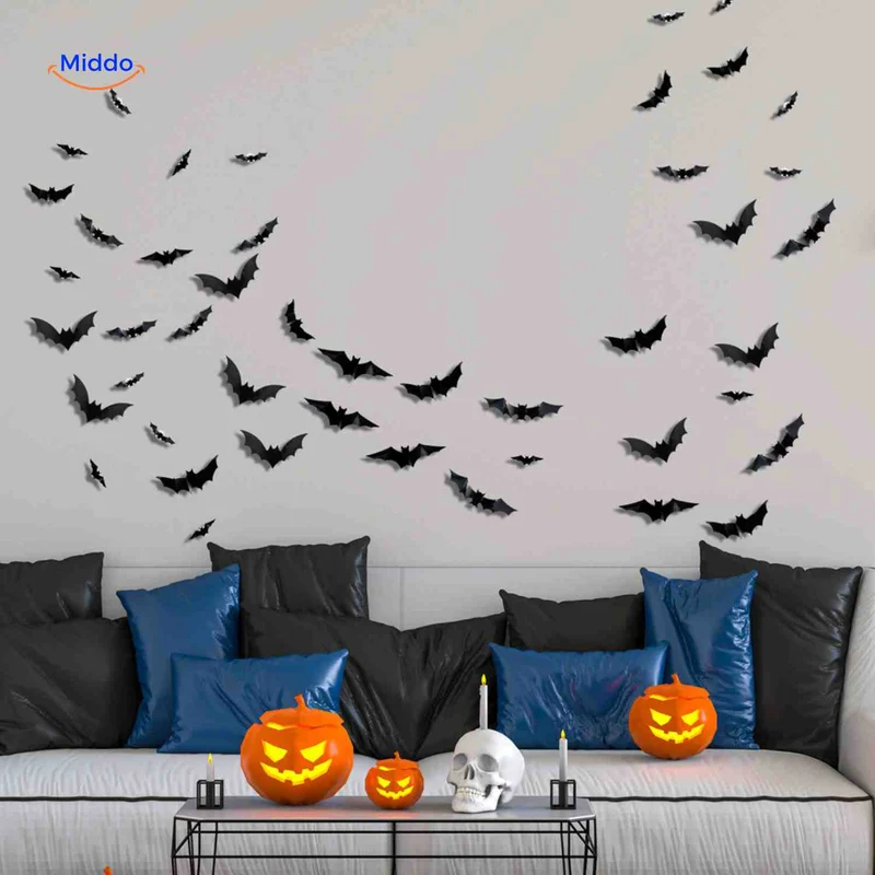 3D LED Muurdecoratie Halloween Vleermuizen Spinnen Spoken Lichtgevend Wanddecor Griezel Feestversiering Kindvriendelijk | Sansoti