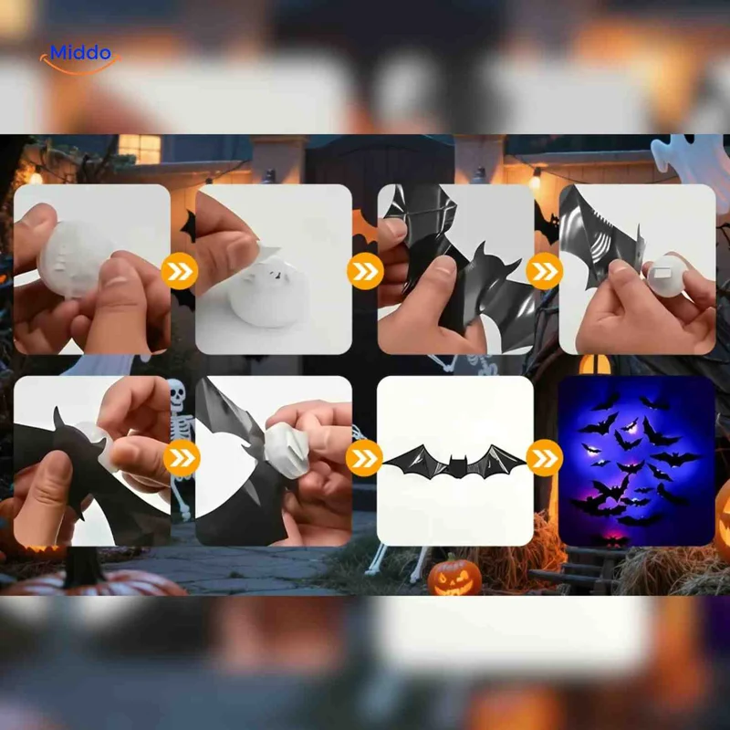 3D LED Muurdecoratie Halloween Vleermuizen Spinnen Spoken Lichtgevend Wanddecor Griezel Feestversiering Kindvriendelijk | Sansoti