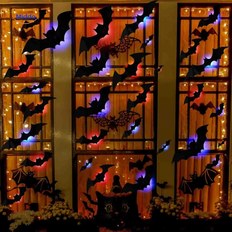 3D LED Muurdecoratie Halloween Vleermuizen Spinnen Spoken Lichtgevend Wanddecor Griezel Feestversiering Kindvriendelijk | Sansoti