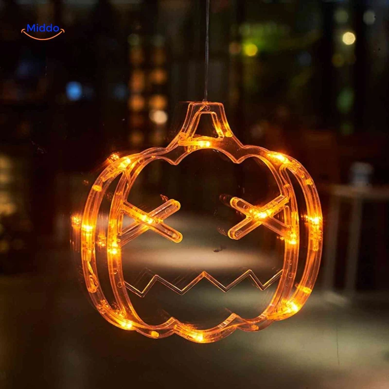 Halloween LED-pompoen decoratielamp 20cm met zuignap, spookachtige sfeerverlichting voor feestdecoratie binnen | Sansoti
