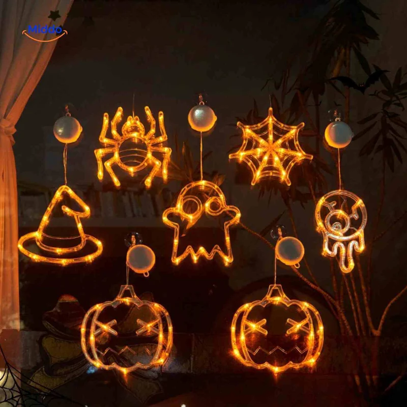 Halloween LED-pompoen decoratielamp 20cm met zuignap, spookachtige sfeerverlichting voor feestdecoratie binnen | Sansoti