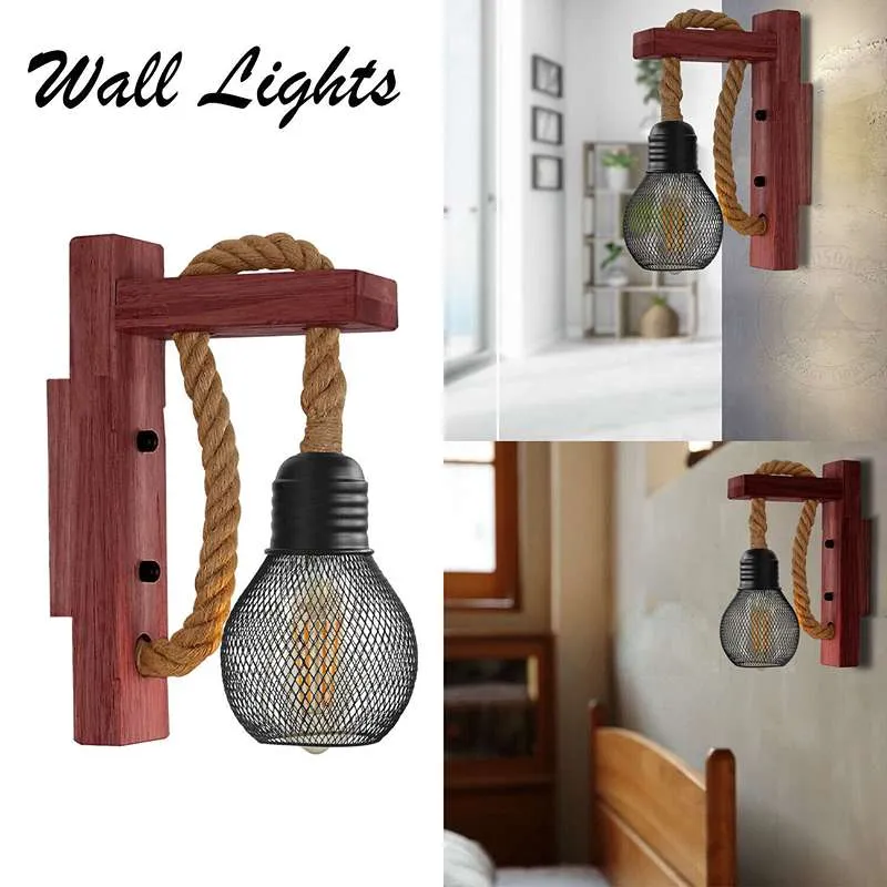 Vintage Wandleuchte Holz & Hanfseil Rustikales E27 ~2583