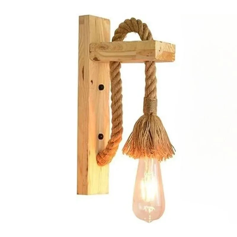 Vintage Wandleuchte Holz & Hanfseil Rustikales E27 ~2583