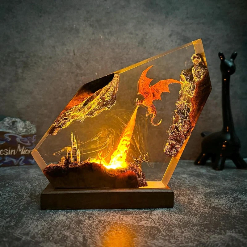 Draak Tafellamp met Vuureffect Hars LED Verlichting Fantasy Sfeer Decoratief Nachtlampje Gothic Woonkamer | Sansoti