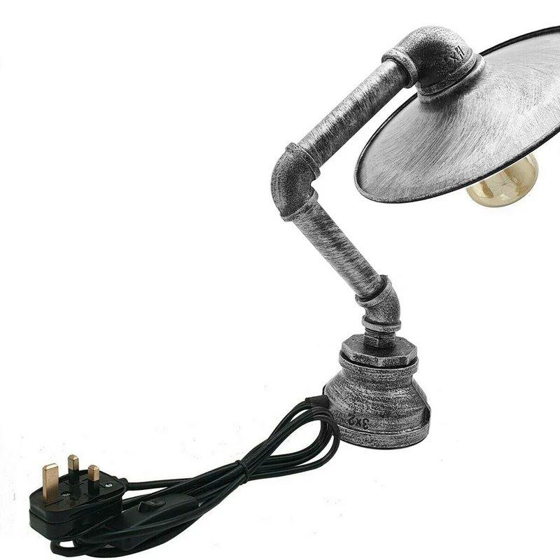 Industrielle Vintage Tischlampe gebürstetes Silber~2344