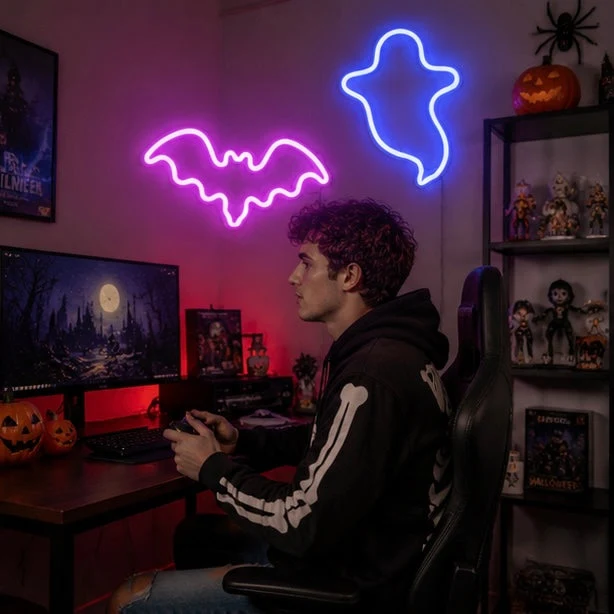 Neon Tafellamp Vleermuis Spook LED Verlichting Halloween Sfeerlicht Decoratief Thema Nachtlampje Kind | Sansoti