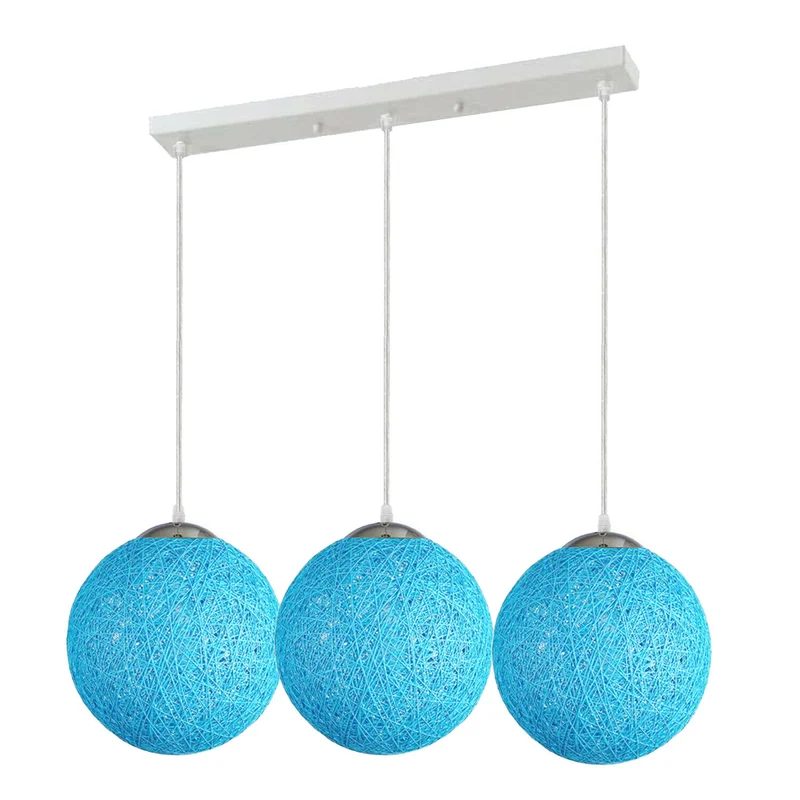 Modern Rattan Wicker Woven Ball Globe 3 Head Vine Ball Industrial Rectangle Base Deckenleuchte Blau~2071