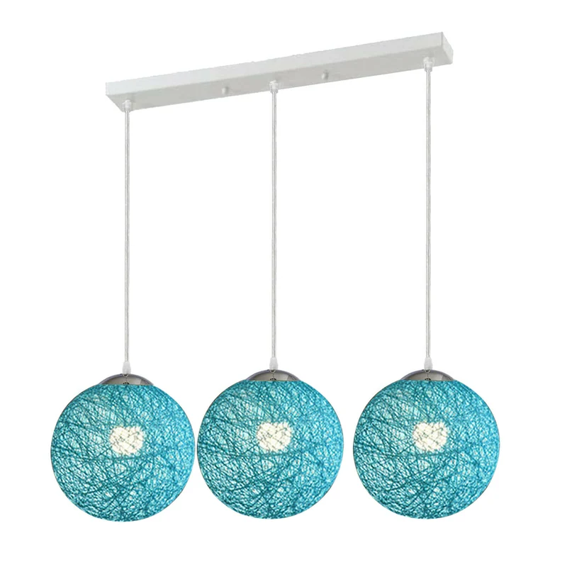Modern Rattan Wicker Woven Ball Globe 3 Head Vine Ball Industrial Rectangle Base Deckenleuchte Blau~2071