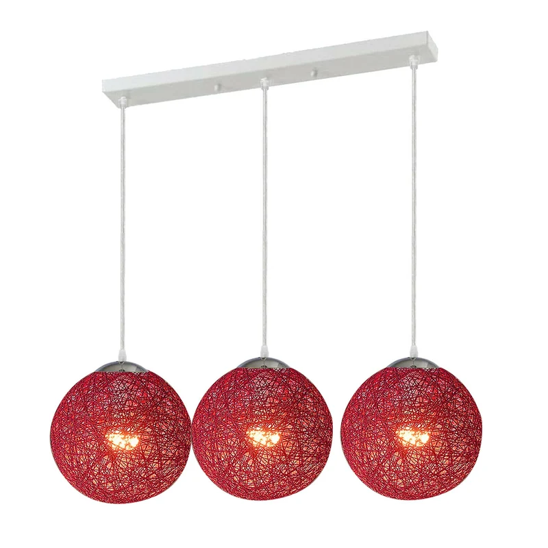 Modern Rattan Wicker Woven Ball Globe 3 Head Vine Ball Industrial Rectangle Base Deckenleuchte Rot~2068