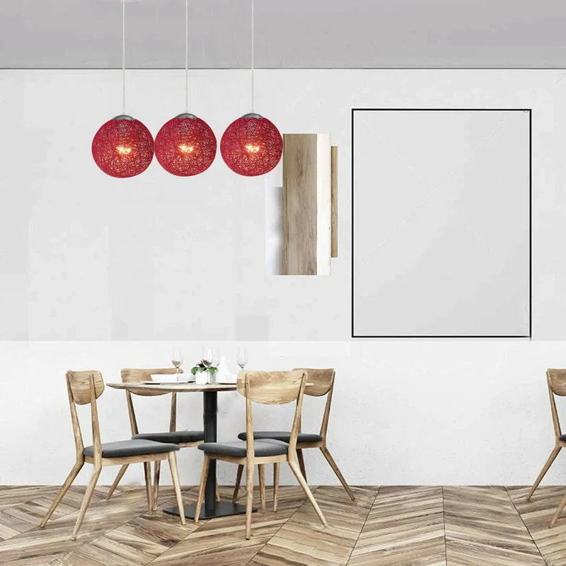 Modern Rattan Wicker Woven Ball Globe 3 Head Vine Ball Industrial Rectangle Base Deckenleuchte Rot~2068