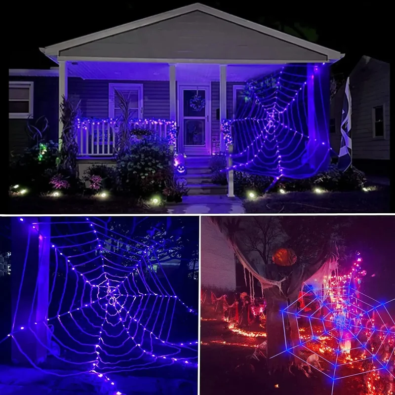 Gigantisch Spinnenweb met LED Paarse Verlichting 360 cm Diameter Halloween Decoratie Binnen Buiten Feest | Sansoti