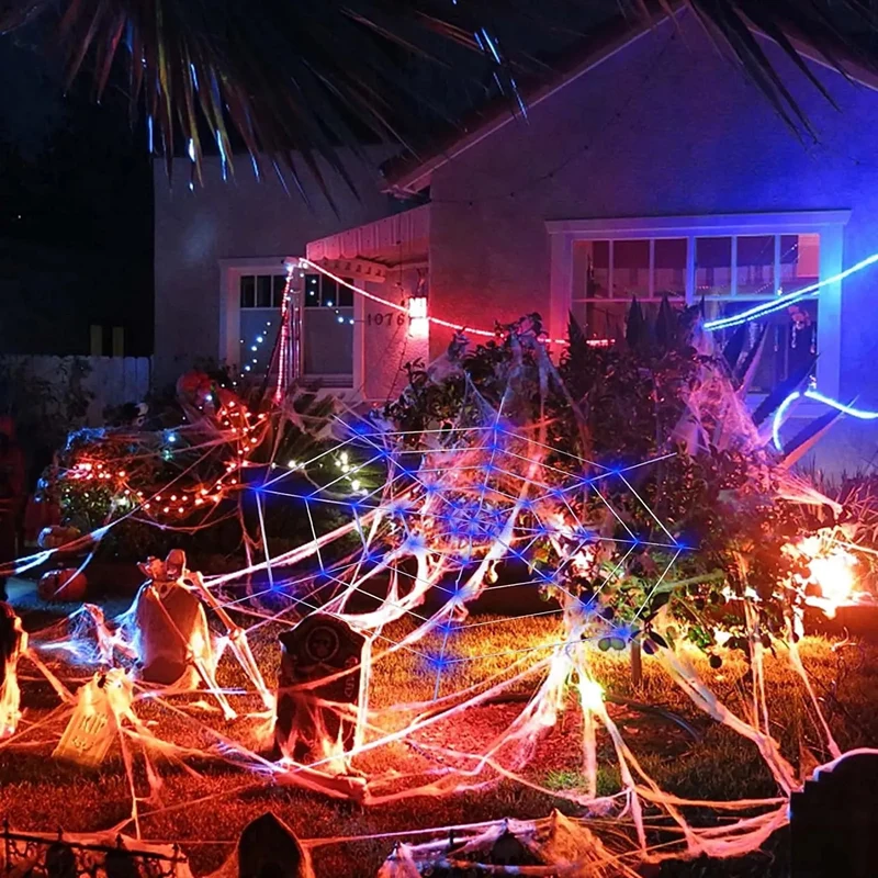 Gigantisch Spinnenweb met LED Paarse Verlichting 360 cm Diameter Halloween Decoratie Binnen Buiten Feest | Sansoti
