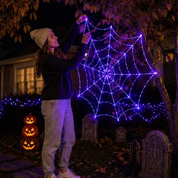 Gigantisch Spinnenweb met LED Paarse Verlichting 360 cm Diameter Halloween Decoratie Binnen Buiten Feest | Sansoti