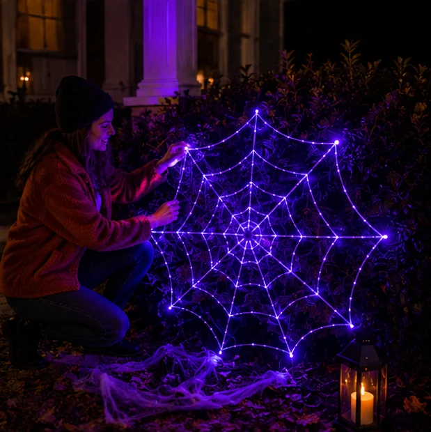 Gigantisch Spinnenweb met LED Paarse Verlichting 360 cm Diameter Halloween Decoratie Binnen Buiten Feest | Sansoti