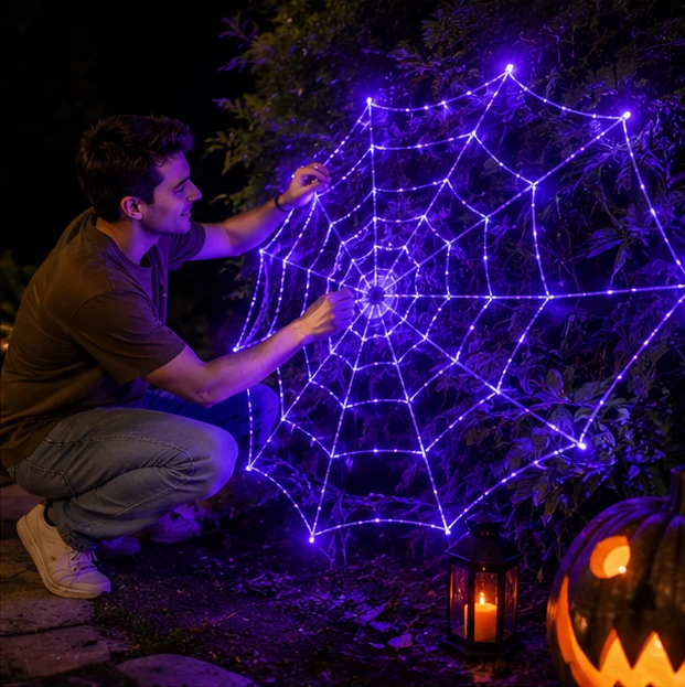 Gigantisch Spinnenweb met LED Paarse Verlichting 360 cm Diameter Halloween Decoratie Binnen Buiten Feest | Sansoti