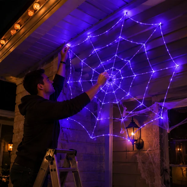 Gigantisch Spinnenweb met LED Paarse Verlichting 360 cm Diameter Halloween Decoratie Binnen Buiten Feest | Sansoti
