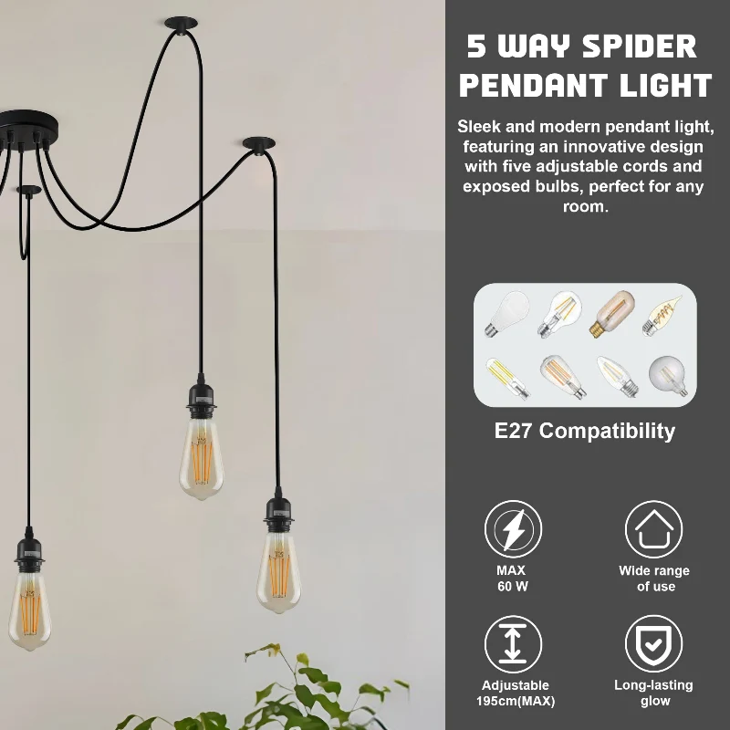 Verstellbare 5-Licht-Pendelleuchte Spider Schwarz E27 ~2263