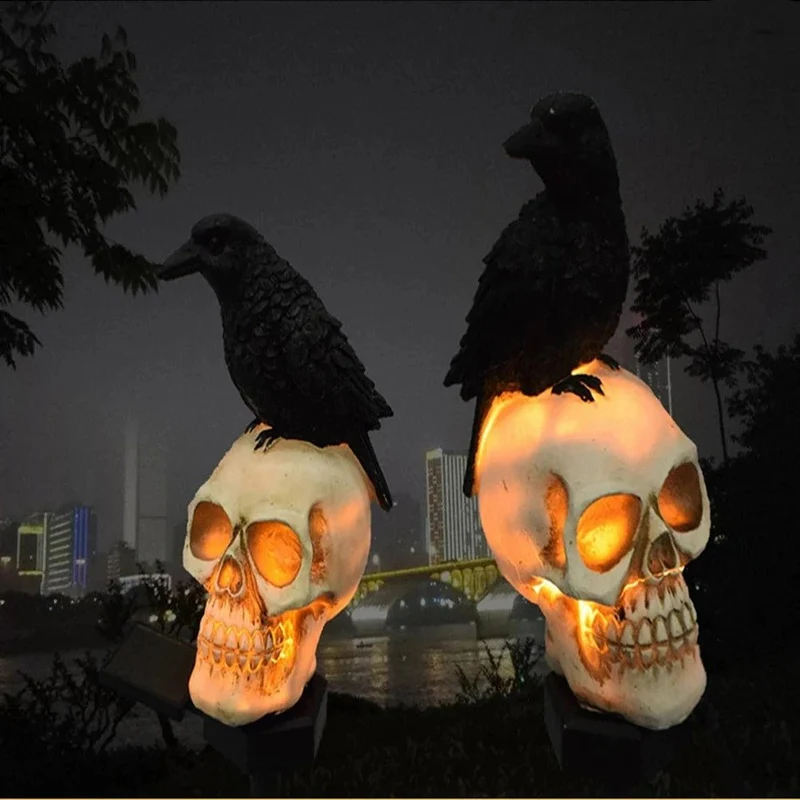 Zonne-energie Halloween Schedel met Raaf LED Lamp voor Tuin Balkon en Feestdagen Decoratieve Verlichting | Sansoti