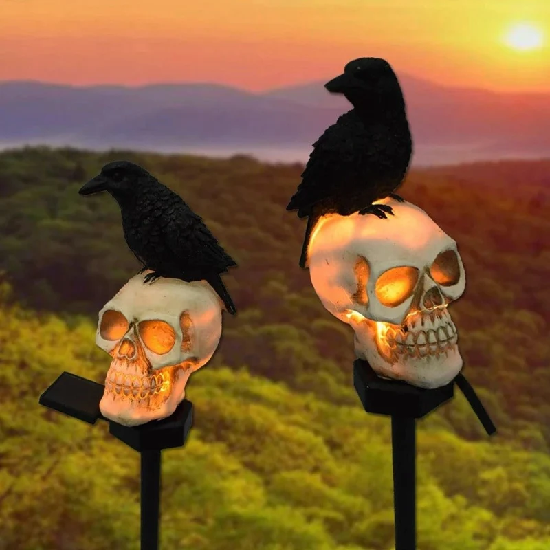 Zonne-energie Halloween Schedel met Raaf LED Lamp voor Tuin Balkon en Feestdagen Decoratieve Verlichting | Sansoti