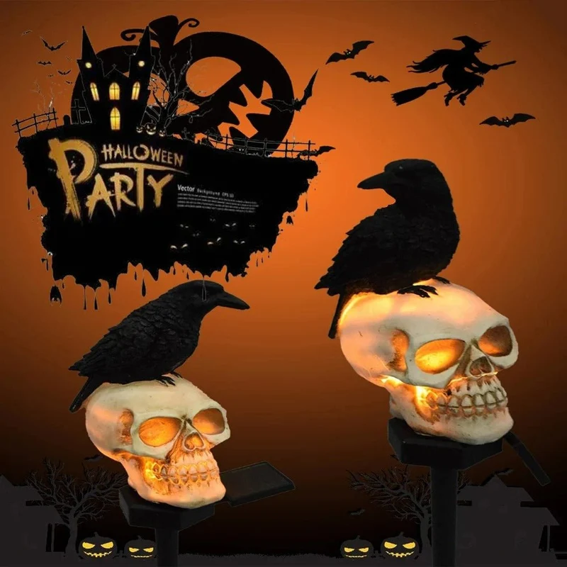 Zonne-energie Halloween Schedel met Raaf LED Lamp voor Tuin Balkon en Feestdagen Decoratieve Verlichting | Sansoti