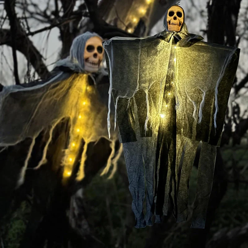 Verlichte Hangspook met Schedel en Gaas voor Halloween Decoratie Tuin Veranda Feest Griezelsfeer Outdoor | Sansoti
