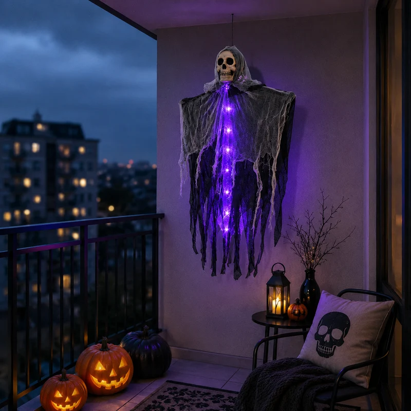 Verlichte Hangspook met Schedel en Gaas voor Halloween Decoratie Tuin Veranda Feest Griezelsfeer Outdoor | Sansoti
