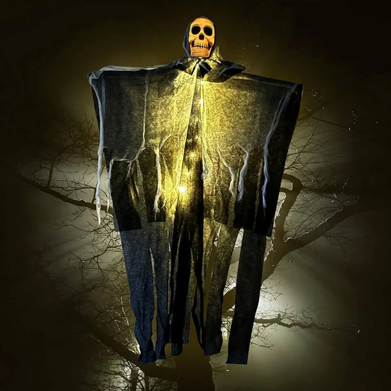 Verlichte Hangspook met Schedel en Gaas voor Halloween Decoratie Tuin Veranda Feest Griezelsfeer Outdoor | Sansoti