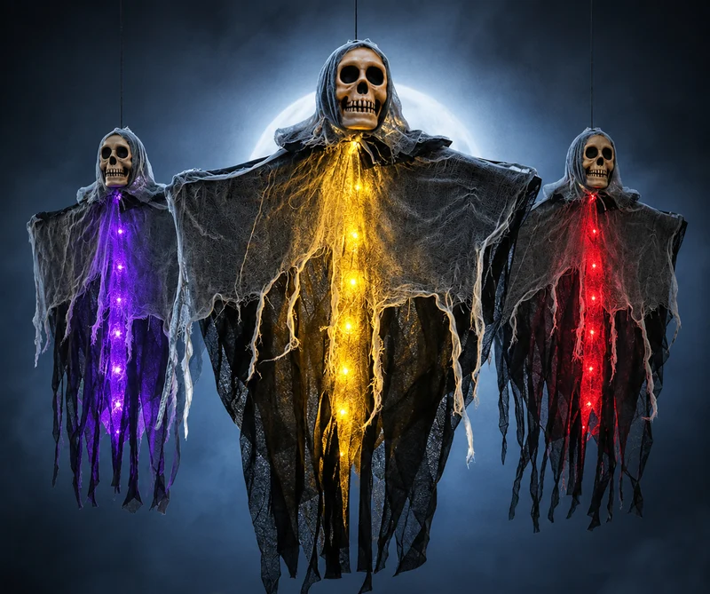 Verlichte Hangspook met Schedel en Gaas voor Halloween Decoratie Tuin Veranda Feest Griezelsfeer Outdoor | Sansoti