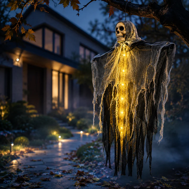 Verlichte Hangspook met Schedel en Gaas voor Halloween Decoratie Tuin Veranda Feest Griezelsfeer Outdoor | Sansoti
