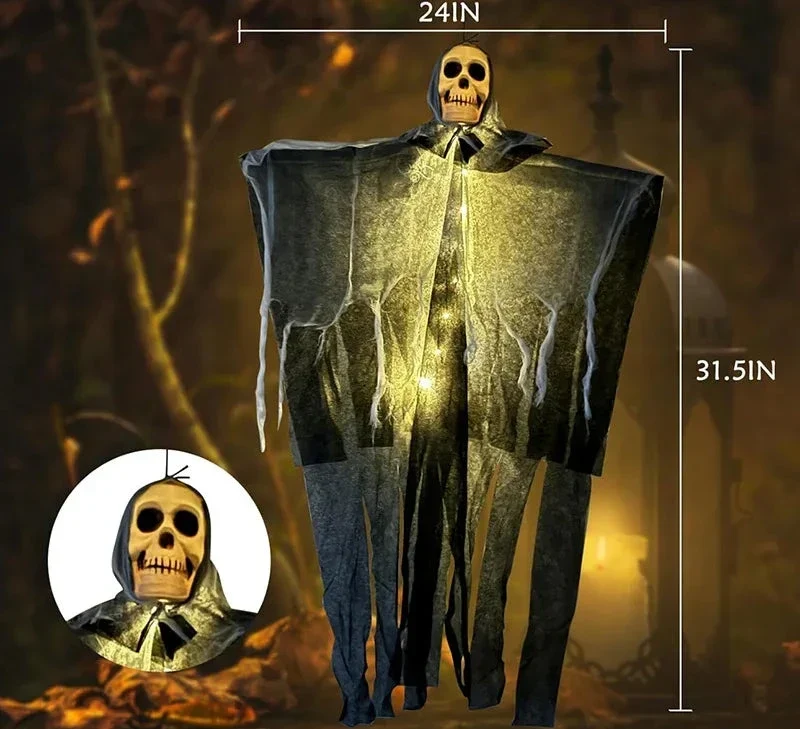 Verlichte Hangspook met Schedel en Gaas voor Halloween Decoratie Tuin Veranda Feest Griezelsfeer Outdoor | Sansoti