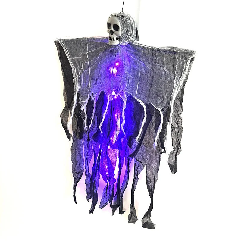 Verlichte Hangspook met Schedel en Gaas voor Halloween Decoratie Tuin Veranda Feest Griezelsfeer Outdoor | Sansoti