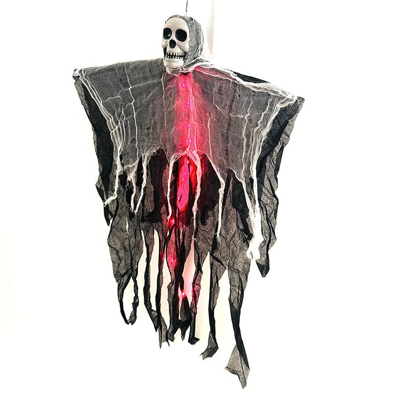 Verlichte Hangspook met Schedel en Gaas voor Halloween Decoratie Tuin Veranda Feest Griezelsfeer Outdoor | Sansoti