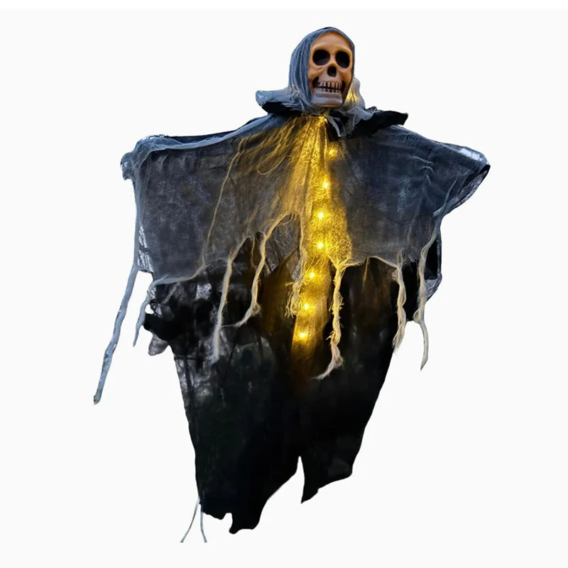 Verlichte Hangspook met Schedel en Gaas voor Halloween Decoratie Tuin Veranda Feest Griezelsfeer Outdoor | Sansoti