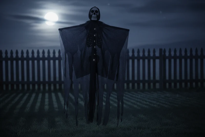 Verlichte Hangspook met Schedel en Gaas voor Halloween Decoratie Tuin Veranda Feest Griezelsfeer Outdoor | Sansoti